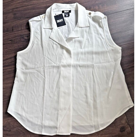 DKNY Women's Extended-Shoulder Camp Buttoned epaulets Blouse Top Ivory PXL - Picture 6 of 8